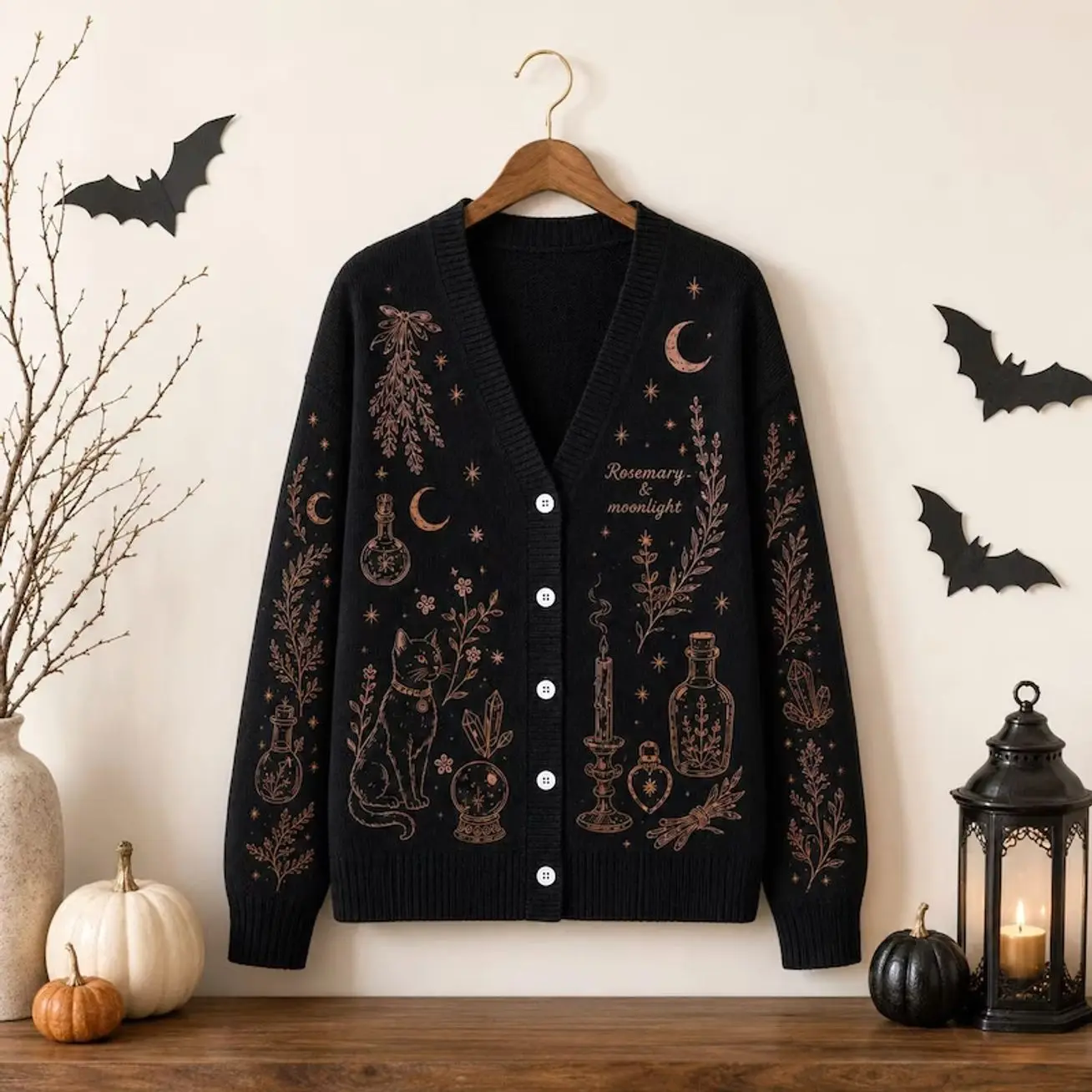 Black Witchcore Cardigan Jacket, Botanical Cat Potion Moon Crystal Print, Vintage Occult Fall Sweater