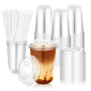 50 Pack 16oz（400ml) Clear Plastic Cups with Sip Lids & Straws，Disposable Elevated Dual-hole Lid Round Bottom To Go Cup for Iced Coffee Cold Beverage Juice Smoothie Lemonade Party Catering Supplies