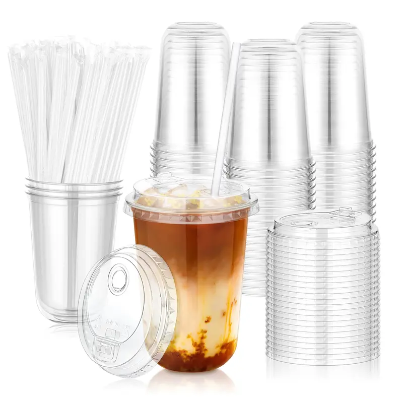 Kesaplan 50 Pack 400ml Dual-hole 2 Purpose Clear Plastic Cups with Sip Lids & Straws,Disposable Elevated Dual-hole Lid Round Bottom To Go Cup for Iced Coffee Cold Beverage Juice Smoothie Lemonade Party Catering Supplies