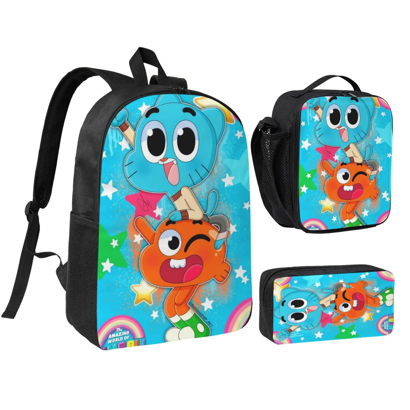 The Amazing World of Gumball 3 Piece Backpack Set Breathable Back Panel with Sturdy Zipper for School Outdoor Travel Hiking Large Medium Small Daypack, Kids, Teens, Zippered, Multi-Purpose