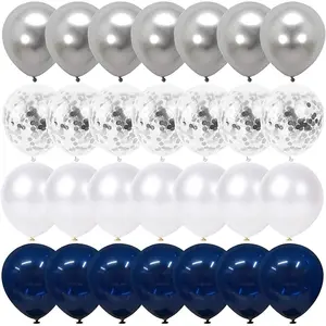 Navy Blue and Silver Confetti Balloons 50 pcs, 12 inch White Pearl and Silver Metallic Chrome Party Balloons for Graduation Party Decorations