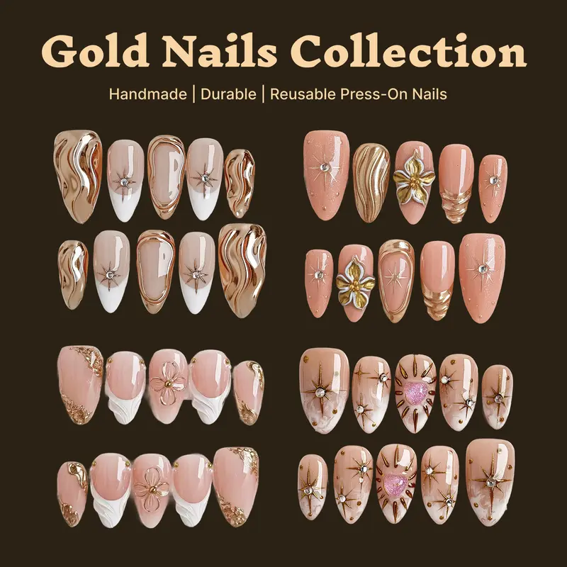 Younique Nails GOLDEN HOUR COLLECTION Handmade Reusable Acrylic Luxury Fake Press On Press-On Salon Quality Set Week Wear GOLD False Kit Glossy Tip Short 10-Piece Medium Almond Floral Detail Base Nude French Design Rhinestone Jewel Mixed