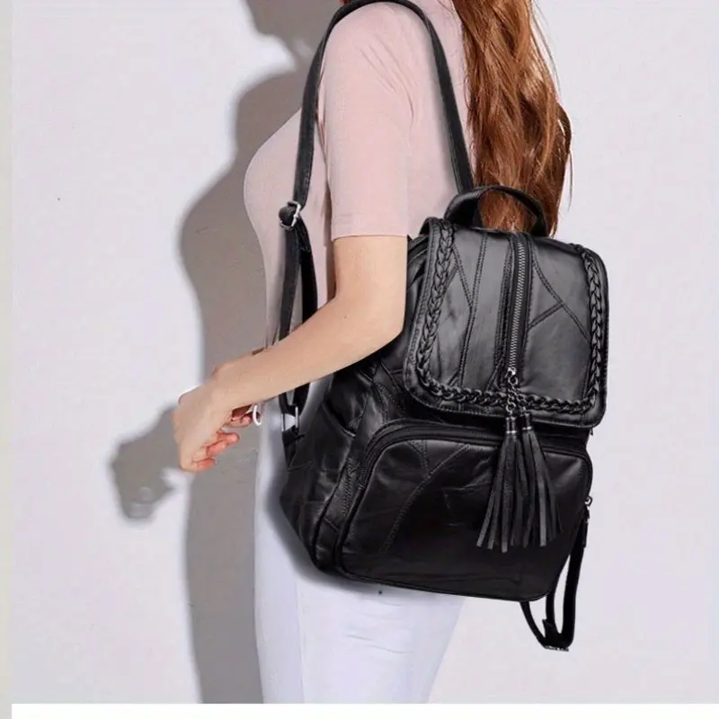 Women's Chic Convertible Tote Backpack, Large Slouchy PU/Dacron Shoulder Bag in Black, Casual Carryall with Zipper
