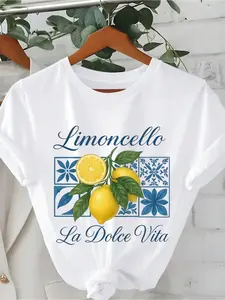 Women's Milk Silk Fabric T-Shirt, Short Sleeve Lemon Letter Print, Loose Fit Casual Fashion, Comfortable Youthful Style
