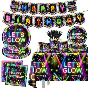 Neon Party Supplies – 142Pcs Glow Party Plates, Cups, Tablecloths for Birthday, Baby Shower, Decorations