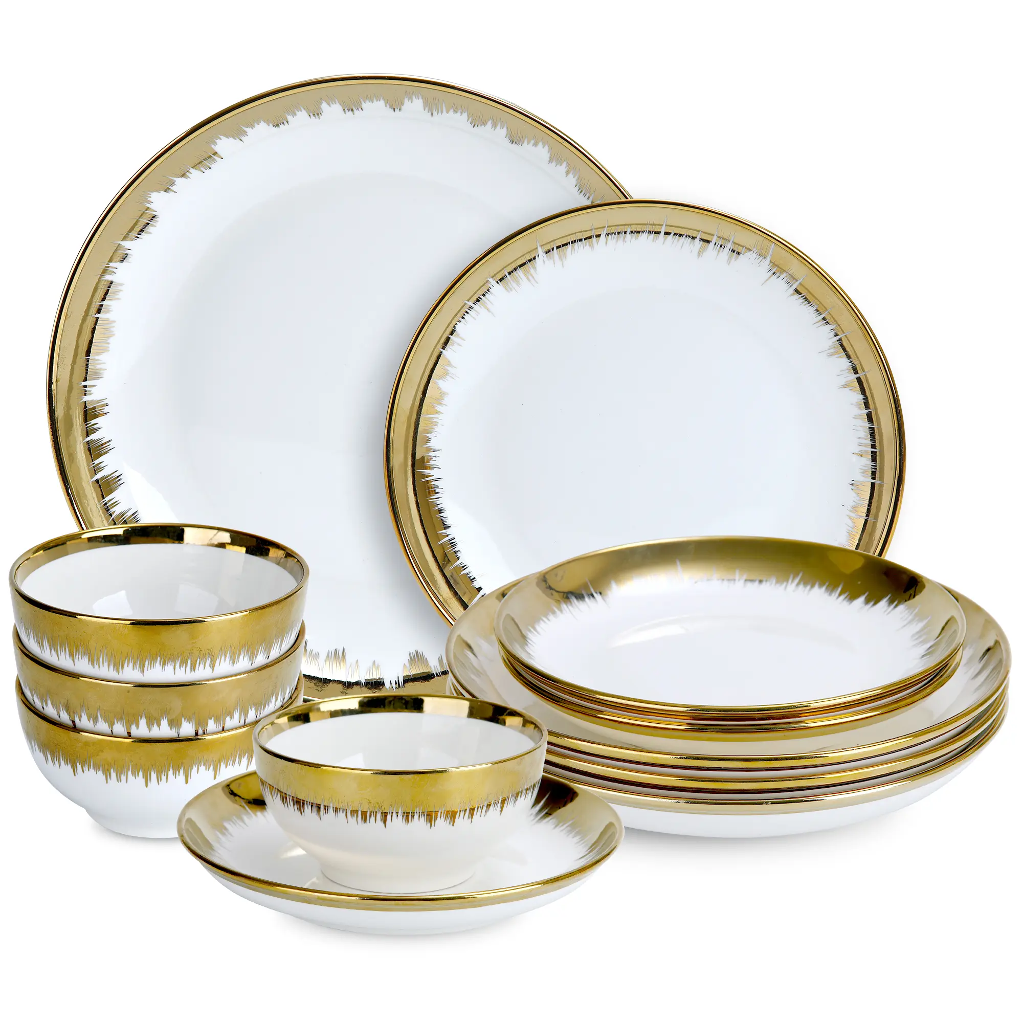 Luxury 12 Piece Porcelain Dinnerware Sets Service for 4, Modern Stoneware Plates and Bowls Sets,Ceramic Dish Set, Highly Chip and Crack Resistant Modern Plate Set, White and Gold dinnerware set