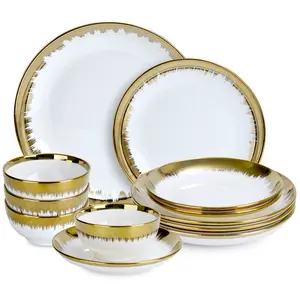 Luxury 12 Piece Porcelain Dinnerware Sets Service for 4, Modern Stoneware Plates and Bowls Sets,Ceramic Dish Set, Highly Chip and Crack Resistant Modern Plate Set, White and Gold dinnerware set