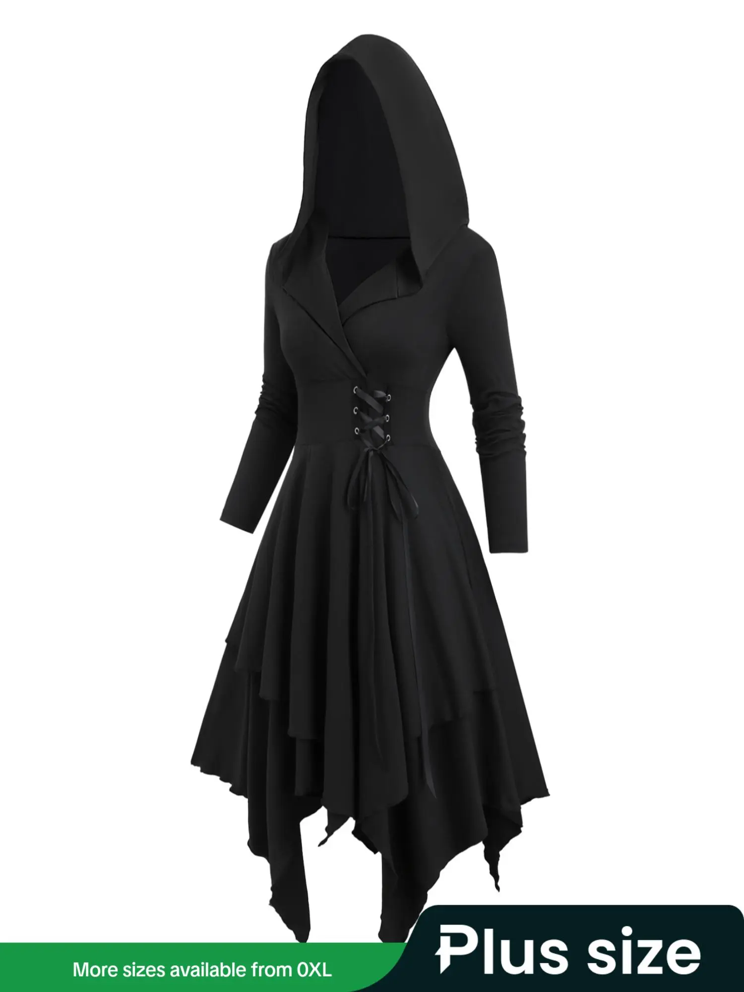 【Plus Size】 Lace Up Wrap Hooded Dress, Elegant Asymmetrical Long Sleeve A Line Formal Wedding Guest Dress for Party Holiday, Women's Clothes for Fall & Winter, Elegant Dresses