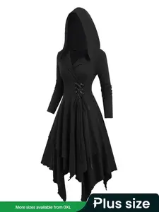 【Plus Size】 Lace Up Wrap Hooded Dress, Elegant Asymmetrical Long Sleeve A Line Dress for Party Holiday Wedding Guest, Women's Clothes for Fall & Winter, Elegant Dresses