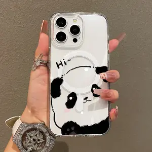 Soft Girl Magnetic Case for iPhone11/12/13/14/15/16/17/promax, Hi Panda Sketch Lightweight, Drop-Proof, MagSafe Compatible | Perfect for Teen Girls