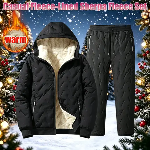 Men’s two-piece Sherpa fleece thickened set for autumn/winter/summer – multi-pocket design, suitable for daily commuting, outdoor leisure, and skiing; men’s two-piece sports sets available with a hood and stand collar; men’s long-sleeve two-piece set.