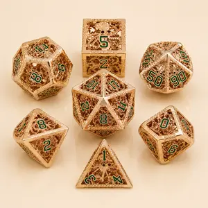 7PCS Brass Hollow Polyhedral Dice Set, Cthulhu Fantasy Style Metal RPG Dice for DND Tabletop Role Playing Games, Collectible Gamer Gift