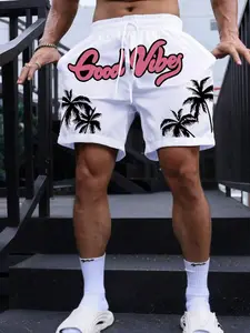 Men's Random Palm Tree & Letter Print Drawstring Waist Shorts, Casual Loose Beach Shorts for Summer, Men's Bottoms for Daily Wear, Graphic Print Shorts, Breathable Printed Shorts, Drawstring Pocket Shorts, Casual Streetwear Shorts