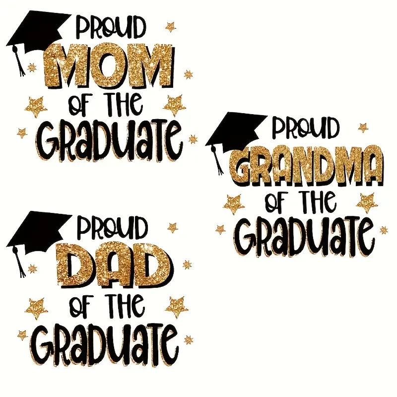 3-Pack Graduate Iron-on Vinyl Patches - Durable, Washable, Transferable for Apparel and Accessories, Proud Graduation Mom, Dad, Grandma, Grandpa, Multi-Color Vinyl