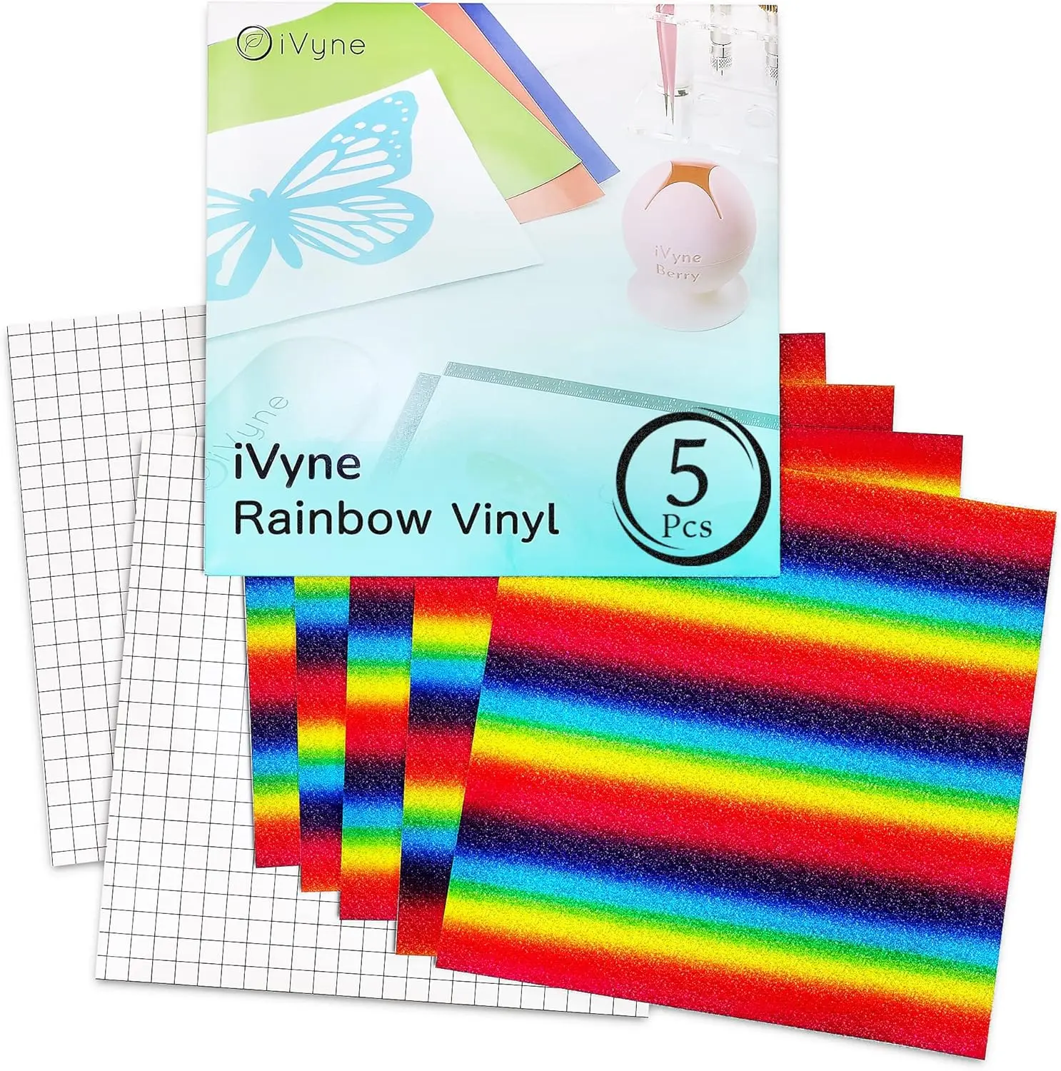 iVyne Rainbow Glitter Vinyl 5 Sheets Bundle, Permanent Rainbow Vinyl 12x12 Sheets with Glitter Gradient & Sparkle for Cricut Machines DIY Decals, Birthday Parties, Halloween & Christmas Decoration