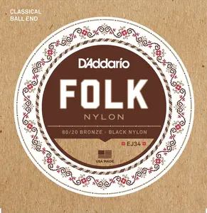 D'Addario EJ34 Folk Nylon Guitar Strings, Ball End, 80/20 Bronze/Black Nylon Trebles