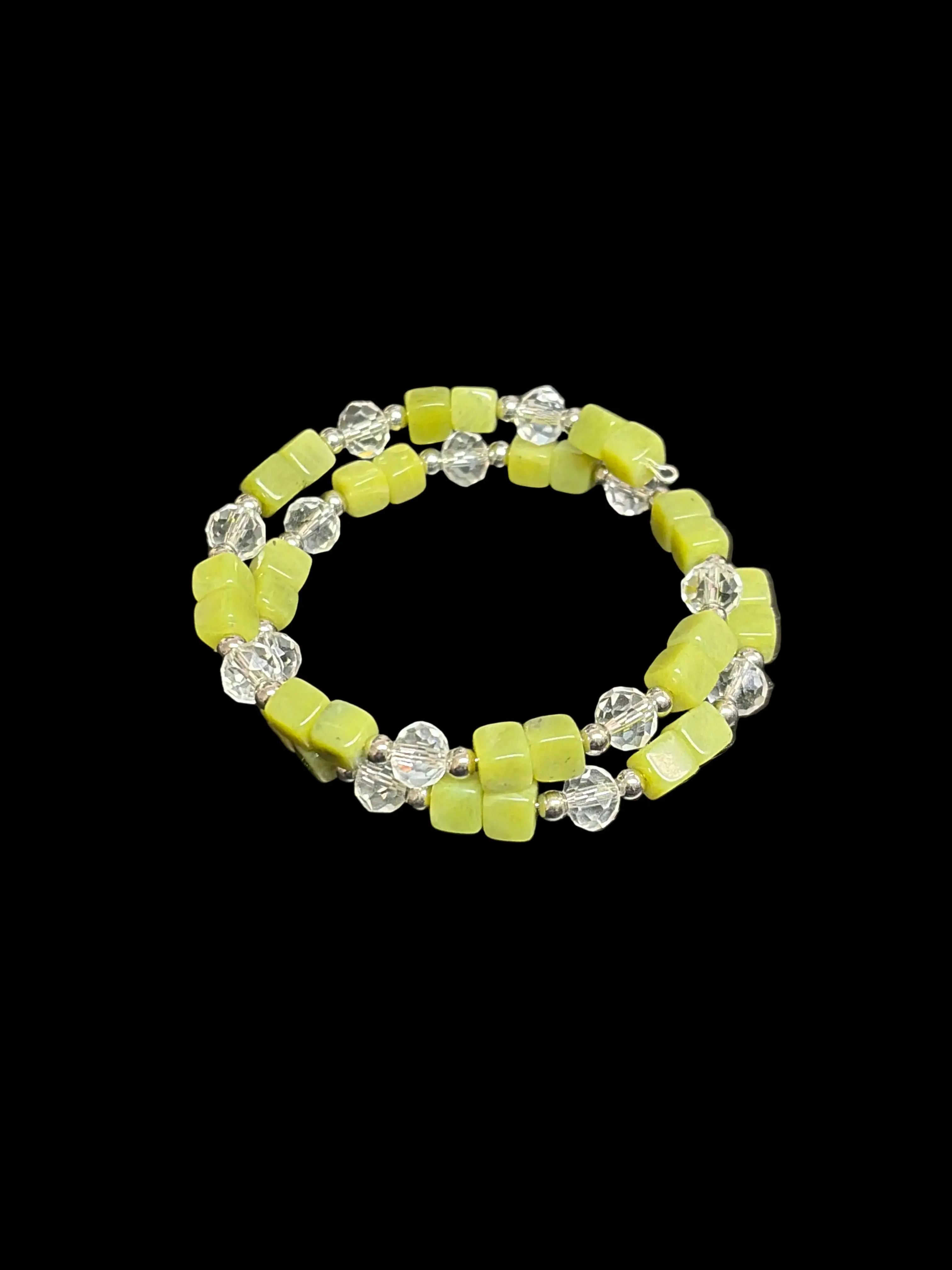 Natural Green Opal, Crystal, Stainless Memory Wire Bracelet