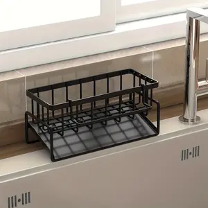 Metal Kitchen Sink Corner Sponge Drain Rack, Multifunctional Durable Home Organizer - Holds Dish Soap, Dishcloth, Brushes for Kitchen & Bathroom