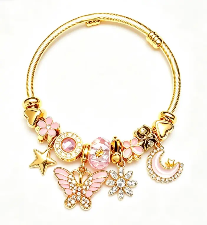 Gold-Tone Adjustable Twist Wire Bangle Bracelet, Pink Butterfly Moon Star Flower Crystal Charms Open Cuff Bracelet, Fashion Jewelry Gift for Women and Teen Girls