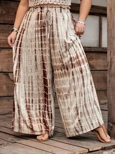 Plus Size Tie-Dye Wide-Leg Pants Casual High-Waisted Drawstring Waist Loose Fit Trousers, Y2K Clothes Summer Daily Wear, Trendy Bohemian Bottoms, Boho Loose Fit, Comfortable Relaxed Fit Casual Pants, Stylish Pattern Detail Beach Wear