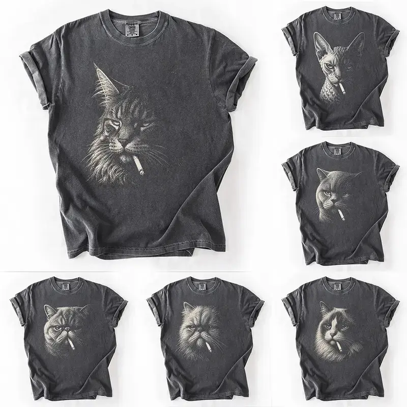 Comfort Colors 30+ Cat breeds Funny Smoking Cat Shirt, Vintage Retro Grumpy Cat Graphic, Cool Feline Lover Gift, Cute Pet Owner Tee