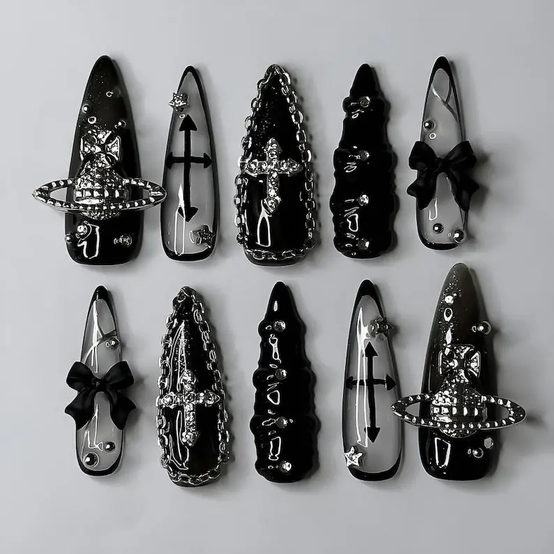 3D Orb Cross Chain Press On Nails | Gothic Punk Handmade Fake Nails, Y2K Alt Acrylic Glue On Nails, Reusable Luxury Nail Set for Women