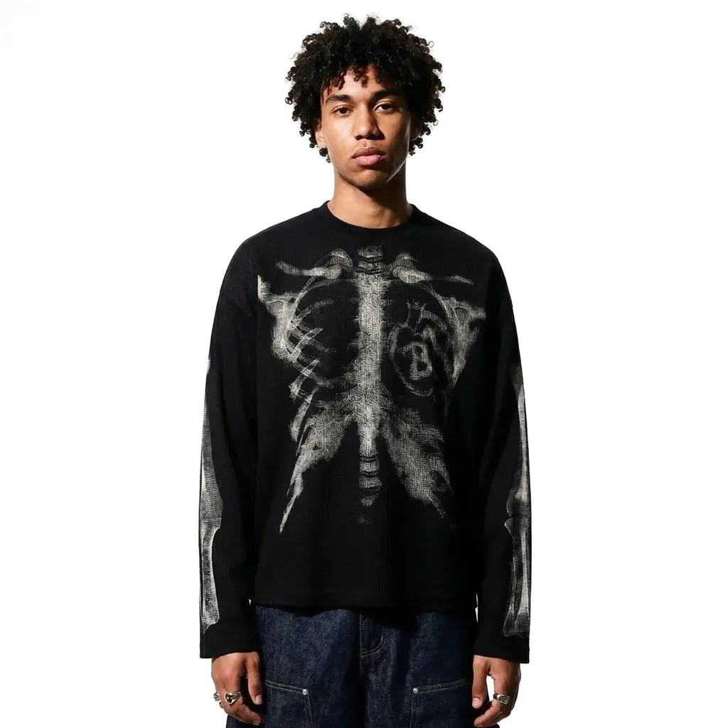 inflation Men's Oversized Alt Knitwear Thermal Long Sleeve Shirt - 65% Cotton 35% Polyester Clothing, Skeleton Ribcage X-Ray Graphic Shirt, Fashion Streetwear Top, Round Neck, XL (Pairs with Jeans)