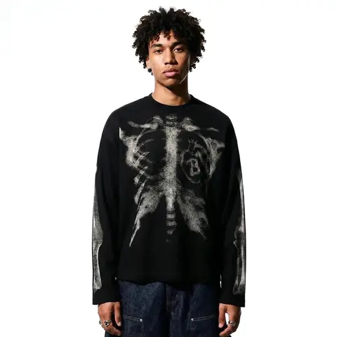 inflation Men's Oversized Knitwear Thermal Long Sleeve Graphic Top - 65% Cotton 35% Polyester, Skeleton Ribcage X-Ray Print, Crew Neck, Fashion Streetwear, XL (Pairs with Jeans),sohochic