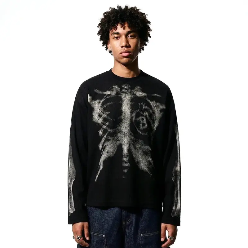 inflation Men's Oversized Knitwear Thermal Long Sleeve Graphic Top - 65% Cotton 35% Polyester, Skeleton Ribcage X-Ray Print, Crew Neck, Fashion Streetwear, XL (Pairs with Jeans),sohochic