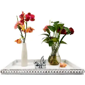 Decorative Tray 12x16 Rectangular  Beaded - Rustic White Serving Tray for Living Room, Coffee Table, Kitchen or Farmhouse Display