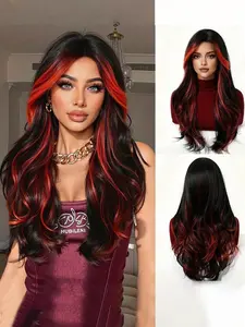 Wig for Women, Long Curly Wavy Highlight Effect, Center Part Bangs, High Density Synthetic Fiber, Ideal for Cosplay Halloween