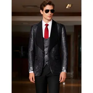 Men's 3-Piece Suit Set | Shawl Lapel Tuxedo Blazer & Jacquard Vest with Black Dress Pants for Wedding, Prom, Business