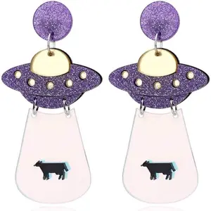 Women`s Fashion and Fun Acrylic Big Cute UFO Aliens and Space Drops Stud Earrings