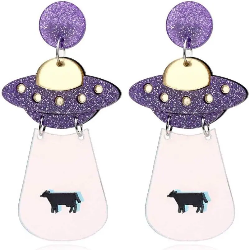 Women's Alien Themed Drop Earrings, Fun Resin and Alloy UFO Abduction Dangles, 2.99 inches for Casual Daily Wear, Alien Themed Decor, Space, Fashion And Fun, Cute Ufo Aliens
