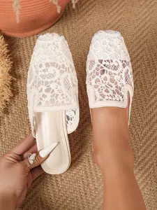 Lace Backless Loafer Mules, Breathable Summer Flat Shoes, Women's Lace Mule Slippers, Boho Style, Beach Vacation, Casual Daily Wear