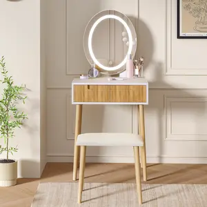 Round Vanity Desk with Mirror and Lights, Elegant Wooden Handles Makeup Vanity with Cushioned Stool, 3 Lighting Modes Dressing Table with Upgraded Slient Sildes, Natural Oak