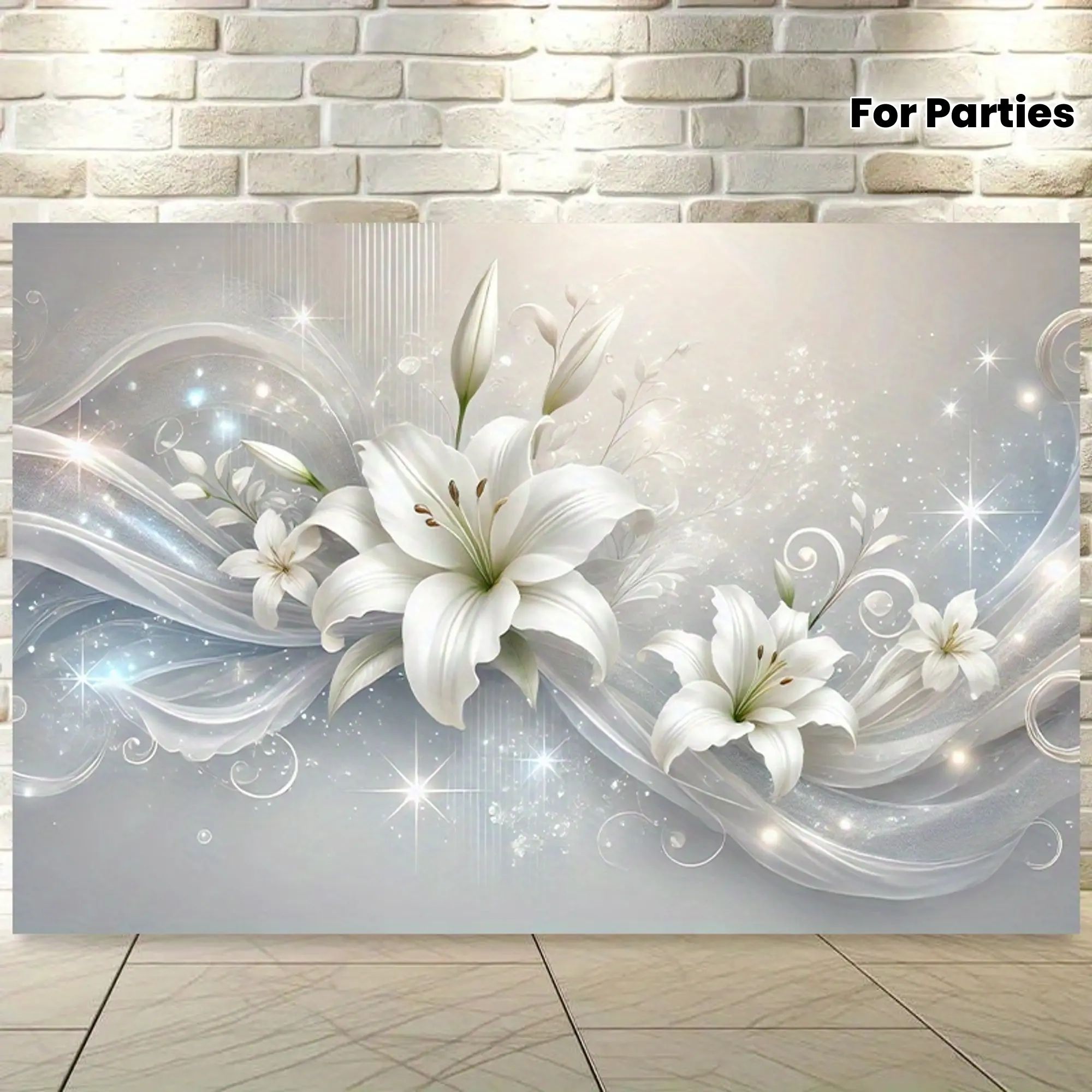 A Backdrop Showcasing Stunning White Lilies Blossoming on a Polyester Fabric Wall Covering, Ideal for Living Spaces, Bedrooms, Workplaces, And Outdoor Decor. Great for Celebrations And Holiday Presents, with Dimensions of 8 by 6 Feet