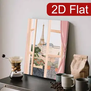2D Flat 1 Piece Eiffel Tower Paris Scenery Canvas Wall Art - Pink Balcony and Eiffel Tower French Landscape Painting, Wooden Frame Poster, Suitable for Home, Office