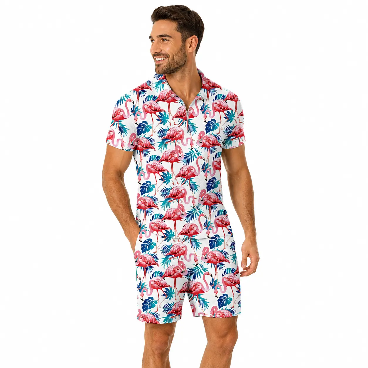Men's Tropical Print 2 Piece Outfit, Flamingo Short Sleeve Shirt with Matching Shorts, Summer Beach Casual Set for Men