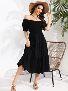 Solid Color Elastic Dress Slimming Effect, Women's Beach Dress, One-Shoulder Two-Way Wear, Vacation Fashion Elegant Chic Dress