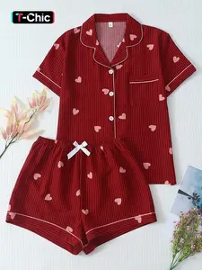 Women's Striped Heart Print Pajama Set, Sweet Cute Feminine Lapel Short Sleeve Top with Pocket and Bow Shorts, Casual Homewear Loungewear Nightwear Pjs