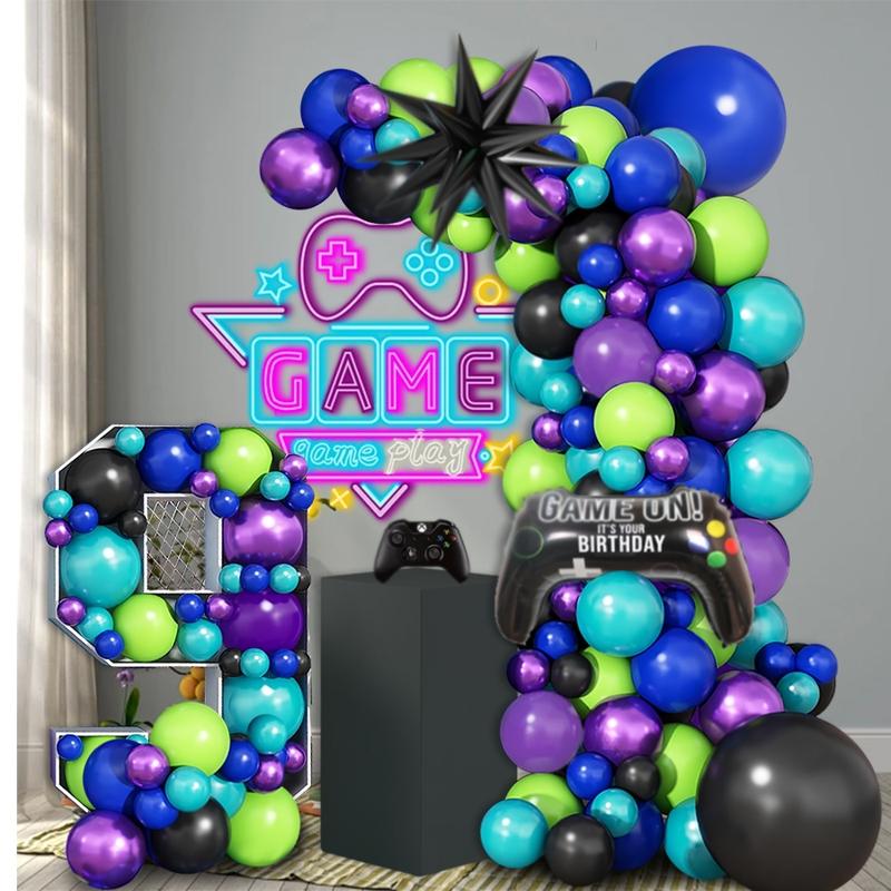 106 game themed balloon decoration set with sci-fi elements, blue, black, purple latex balloons, and black explosive star game controller are perfect for boys' game themed birthday parties, sci-fi themed parties, bachelor parties, baby showers