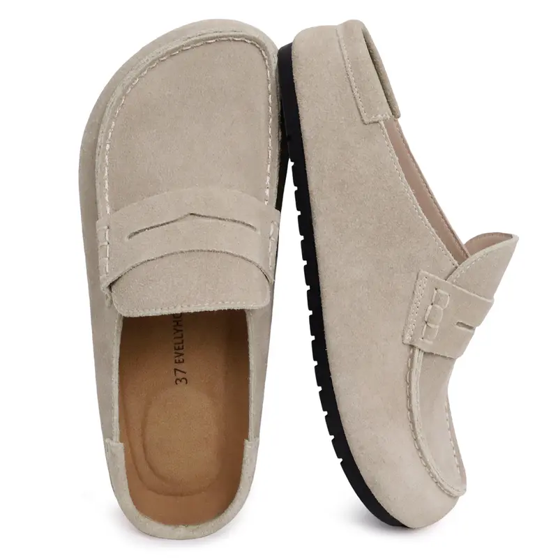 EVELLYHOOTD Women's Loafers Leopard Print Genuine Suede Leather Slip-On Clogs Footwear, Mule Flats with Arch Support, Walking Shoes for Casual Walks, Gifts for Her,outdoorfun