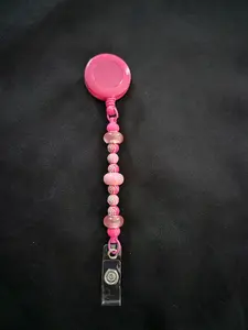 Badge Clip on Pink in Color with Beaded Strap and Clear ID Holder for Easy Attachment