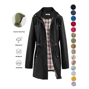 Women's Solid Color Drawstring Zip Up Hooded Coat, Casual Long Sleeve Waterproof Windproof Outerwear for Spring & Fall, Ladies Clothes for Daily Wear