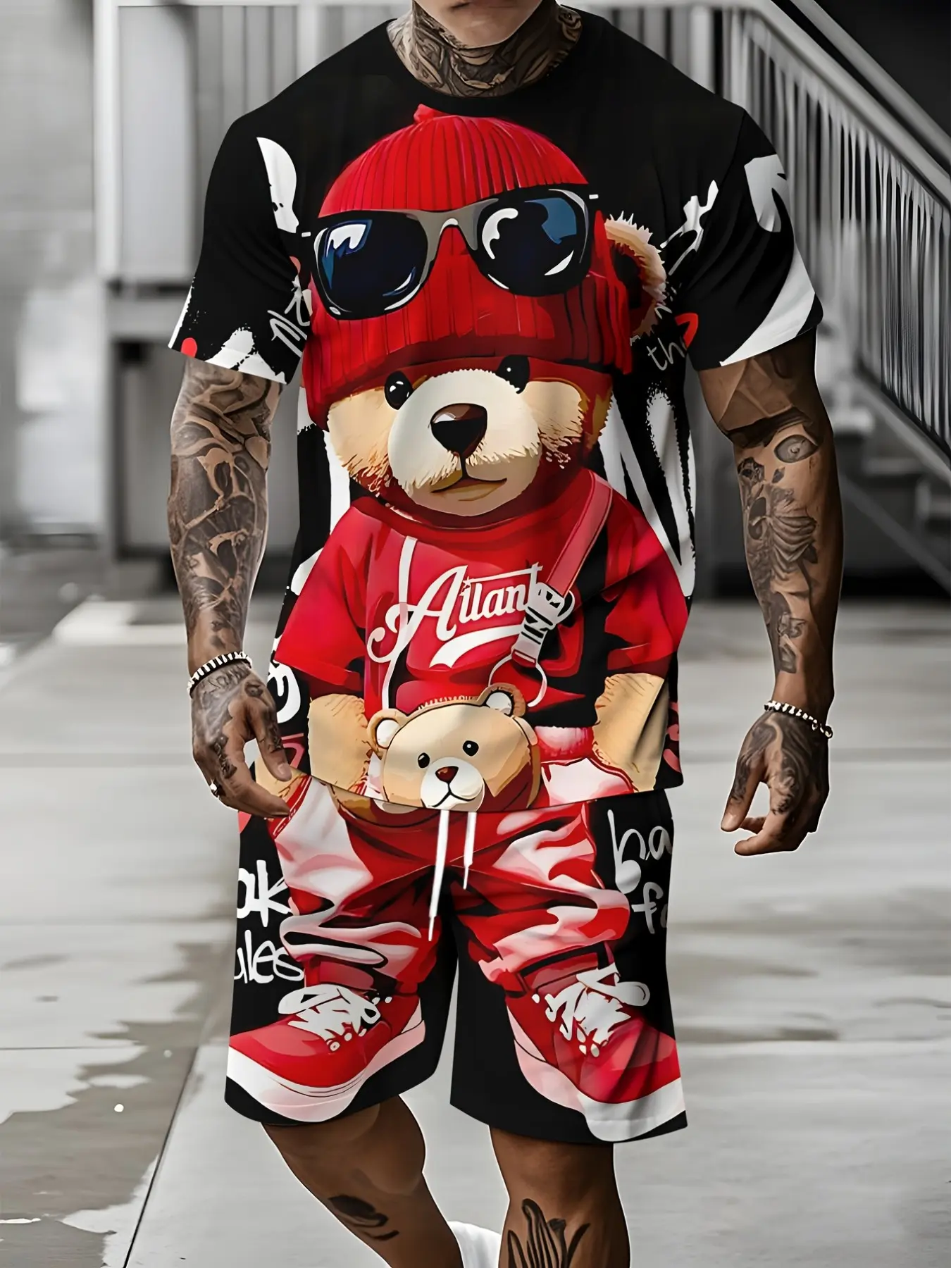 Men's Summer Fashion Set, Glasses Bear Sports, Round Neck T-Shirt and Shorts, Casual Short Sleeve Suit Men's Summer Fashion Set, Glasses Bear Sports, Round Neck T-Shirt and Shorts, Casual Short Sleeve Suit