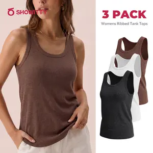 SHOWITTY Womens Ribbed Tank Tops 3 Pack – Crew Neck Sleeveless Basic Shirts, Soft Stretch Polyester Cami Tops for Layering and Everyday Wear