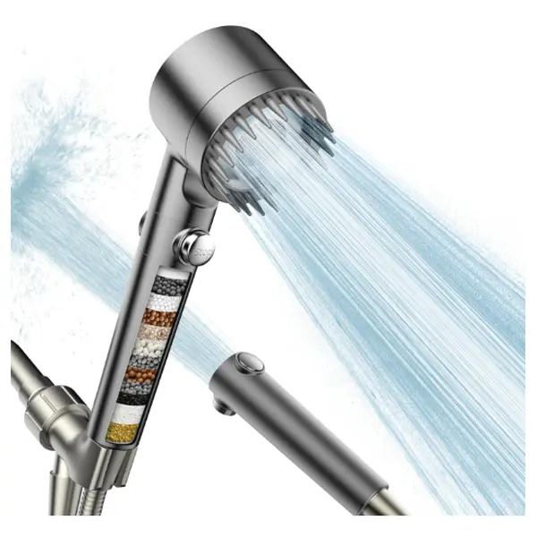 Filtered Handheld Shower Head Kit, Adjustable High-Pressure Showerhead with ON/OFF Switch, Hard Water Filter Booster, 4-Piece Grey Bathroom Fixture Set, Handheld Shower Kit, Adjustable Shower Head