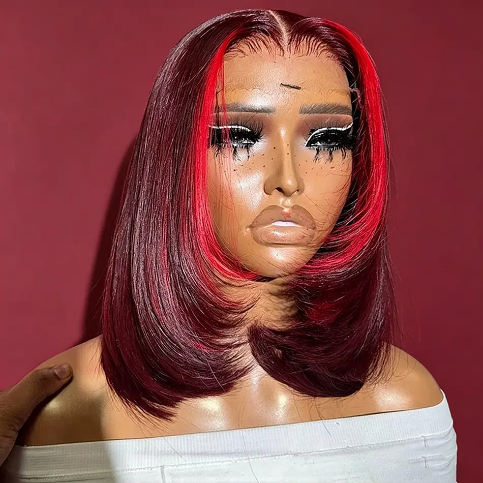 Glueless Red 99J Highlight Short Bob Wig 100% Human Hair 13x4 Layered Lace Frontal Wigs For Women Red Burgundy Transparent Lace Frontal Wig Super Double Drawn Bone Straight Bob Wig Colored Real Human Hair Wigs 180 Density Drawstring Wig