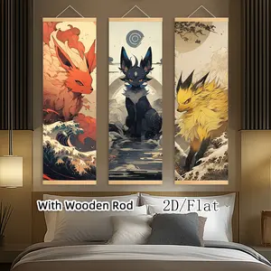 [2D-Flat]3pcs Exquisite Posters Canvas Wall Art Japanese Anime Wooden Scroll Hanging Painting, With Wooden Ord Art Decor HD Poster, Pattern for Living Room, Best Gift for Friends, Indoor-Outdoor Decor, Ink HD Fade-Resistant Art